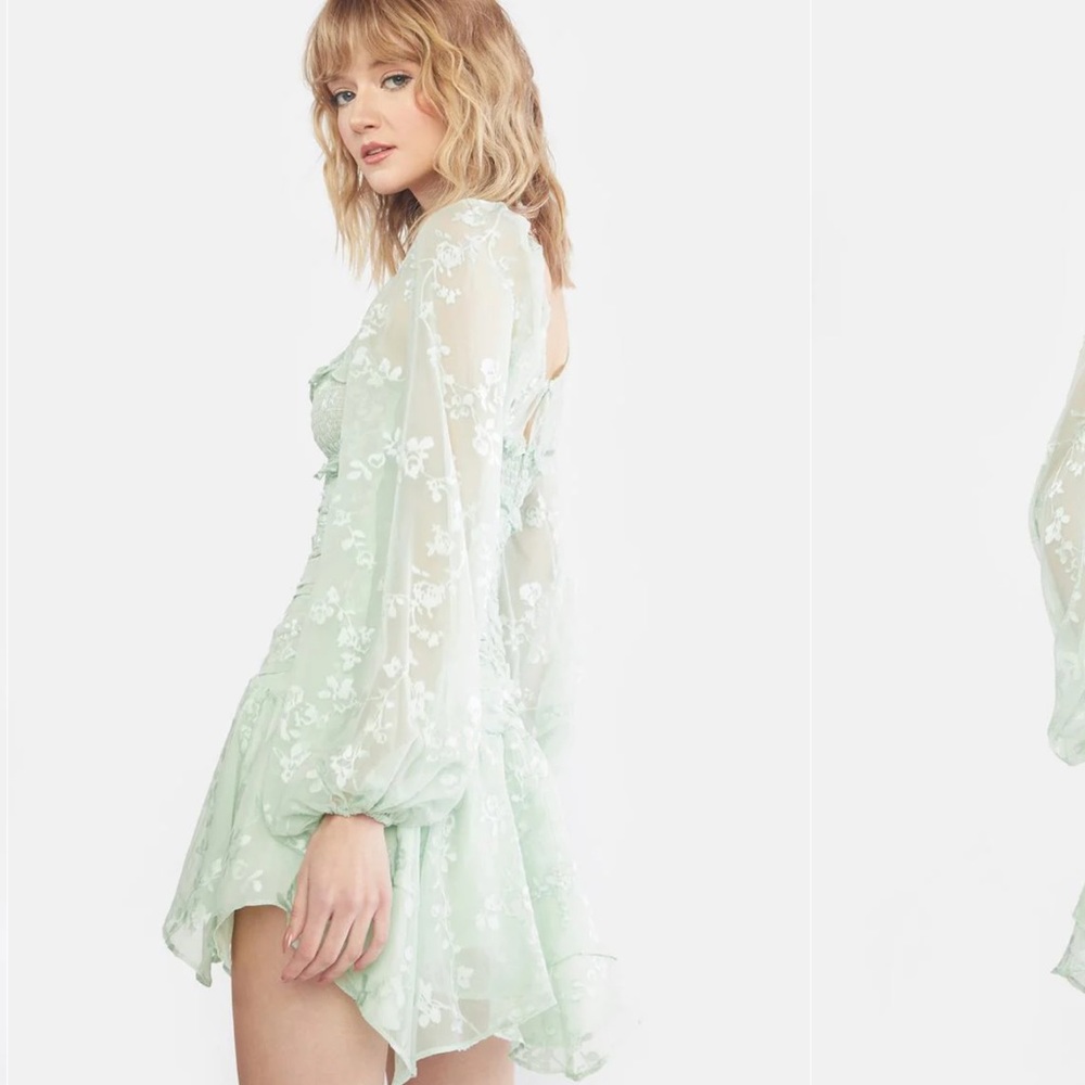 For Love & Lemons Breanne Ruched Tiered Sheer Long Puff Sleeve Mini Dress L - Picture 3 of 9